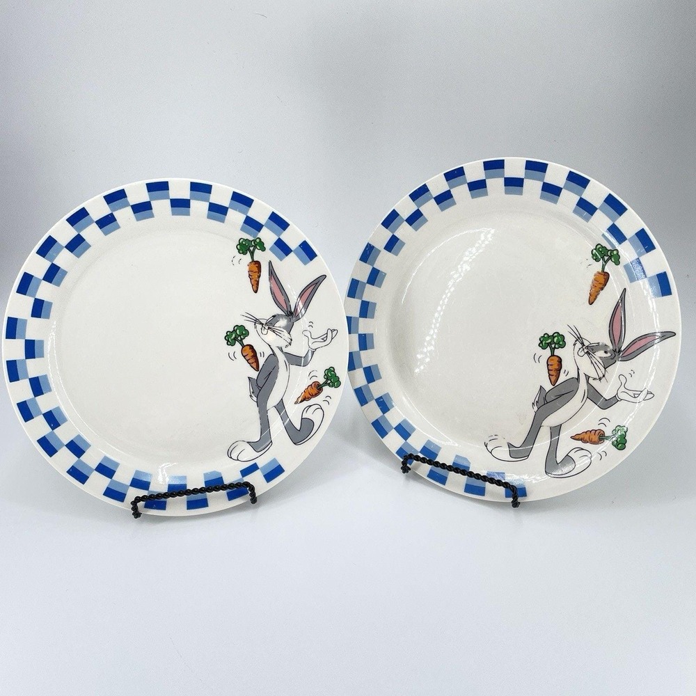 2 Bugs Bunny Dinner Plates Looney Tunes Gibson 1998 Blue Check Juggling Carrots